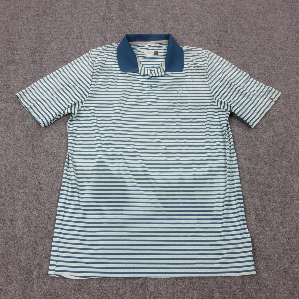 KJUS Polo Shirt Mens M Blue‎ Luis Stripe Golf Performance Stretch Mesh Logo